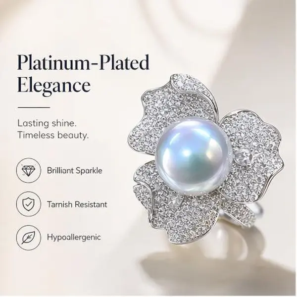 Women's D Color Flower Petal Pearl Open Adjustable Ring - Round Comfort Fit Gold Tone Formal Artificial Gemstone Jewelry (San Diego Wilson Estate Statement Piece) with VVS1 Clarity, Lab-Grown Birthstone Bridal Band for Anniversary engagement wedding