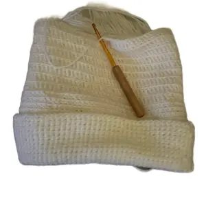 Crochet Hat - Cream Knitted Beanie with Wooden Hook for Crafting