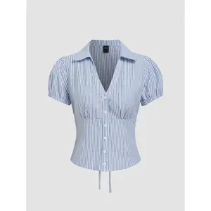 Cider Cotton-blend V-neck Stripe Tie Back Shirt