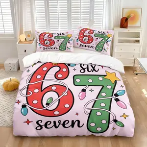 Christmas Theme & Digit Six Seven Decorative Duvet Cover Set, Includes Quilt Cover and Pillowcases, Personality & Trendy Patterns, Comfortable Bedding, Perfect for Bedroom and Dorm Decoration or Gift