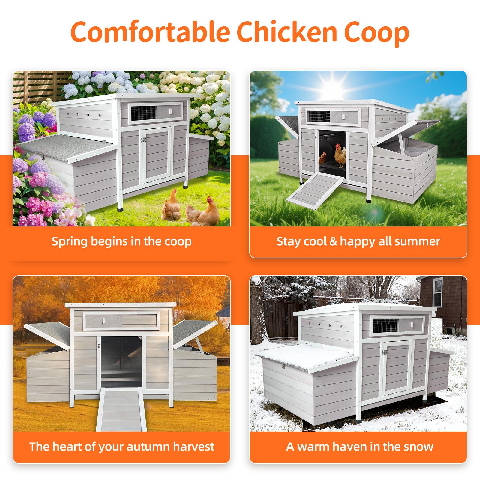 Eyisean 58" Wooden Large Outdoor Chicken Coop, Portable Hen House with Waterproof Foot & Pull-Out Tray, Dual-Sided Ventilation Holes, Poultry Cage with 2 Sides Nesting Boxes, Easy-Clean for Backyard