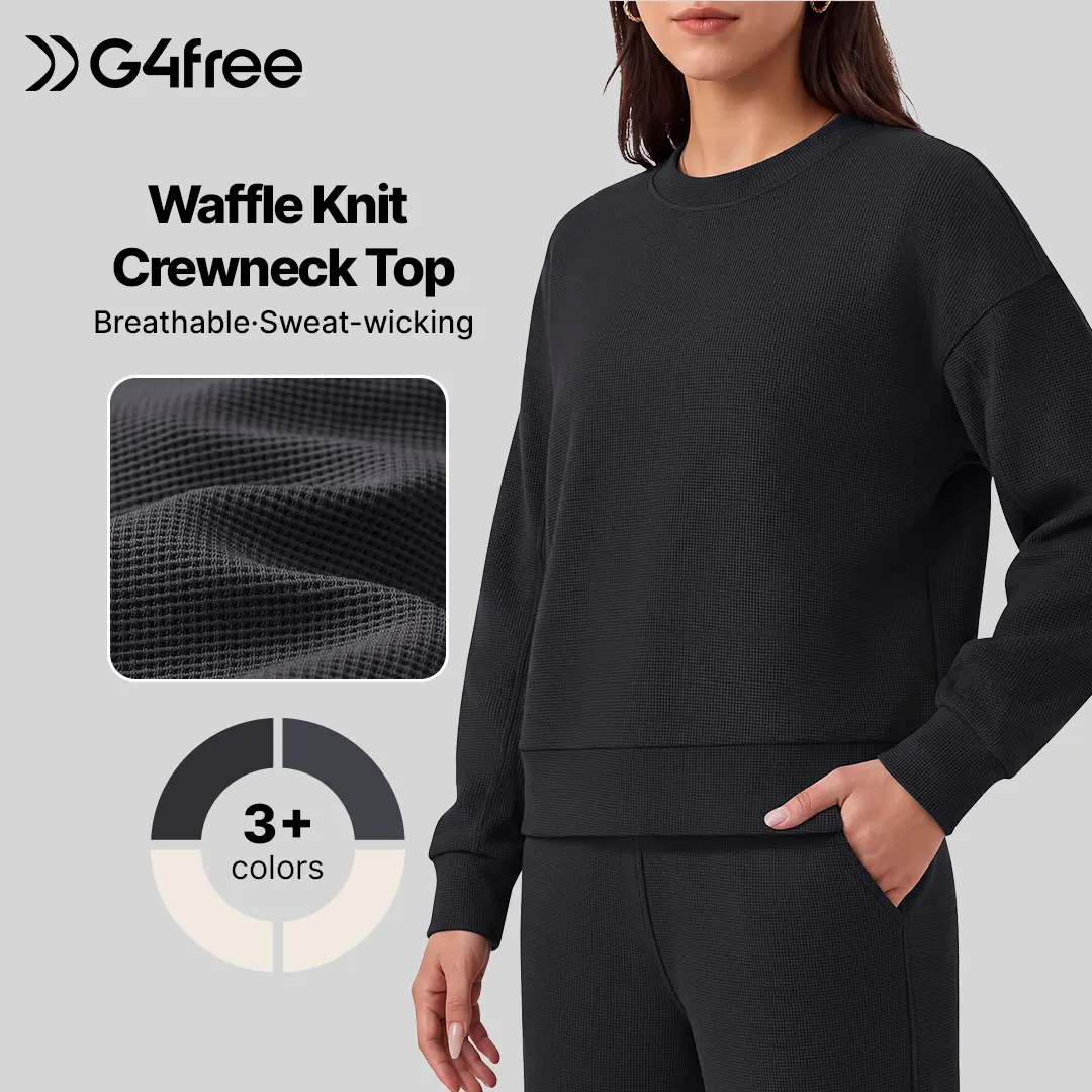 G4Free Women's Waffle Knit Pullover Sweatshirt Crewneck Long-Sleeve Top with Dropped Shoulders, Relaxed Hip-Length Classic Silhouette, Smooth Breathable Fabric for Everyday Casual Wear