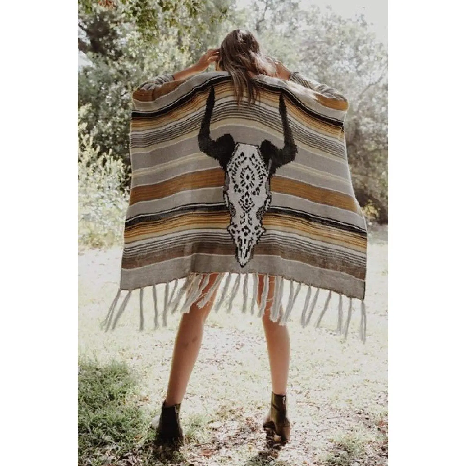 Leto Desert Wanderer Cow Skull Striped Poncho