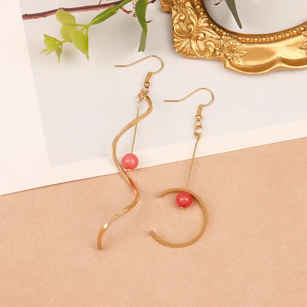 Swirl Gold Drop Mismatched Earrings with Pink Beads