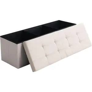 Shoe Storage Ottoman Foldable Seat Footrest Tufted Bench End of Bed Storage with Flipping Lid, 166L Storage Upholstered , Linen Fabric Beige, 45.3 Inches