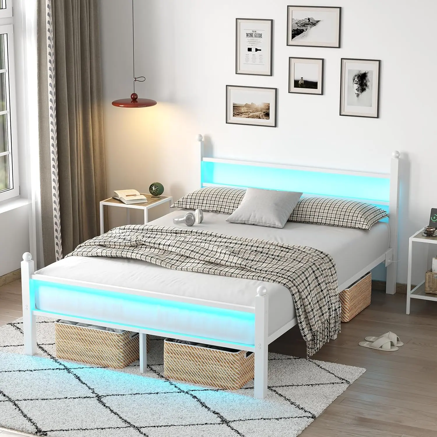LED Bed Frame with Steel Slat Support & USB Charging Station, Under-Bed Storage Platform Bed Frame, Noise-Free Space-Saving Design, Twin/Full/Queen Mattress Foundation for Apartment Bedrooms