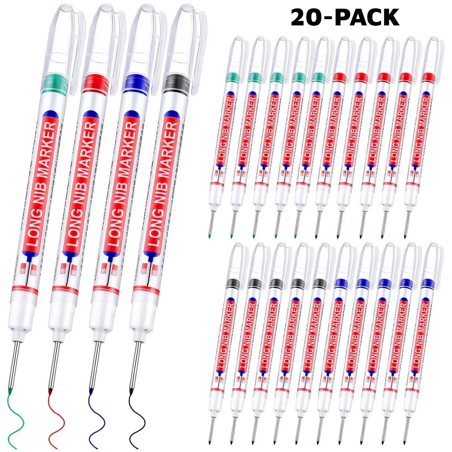 20Pcs Multicolor Permanent Marker Pens Long Nib Set - Multi Purpose Pens with 20mm Tip Deep Hole Markers, 3cm Ruler for Precision, Quick-Drying Waterproof Office Stationery for Wood, Wall