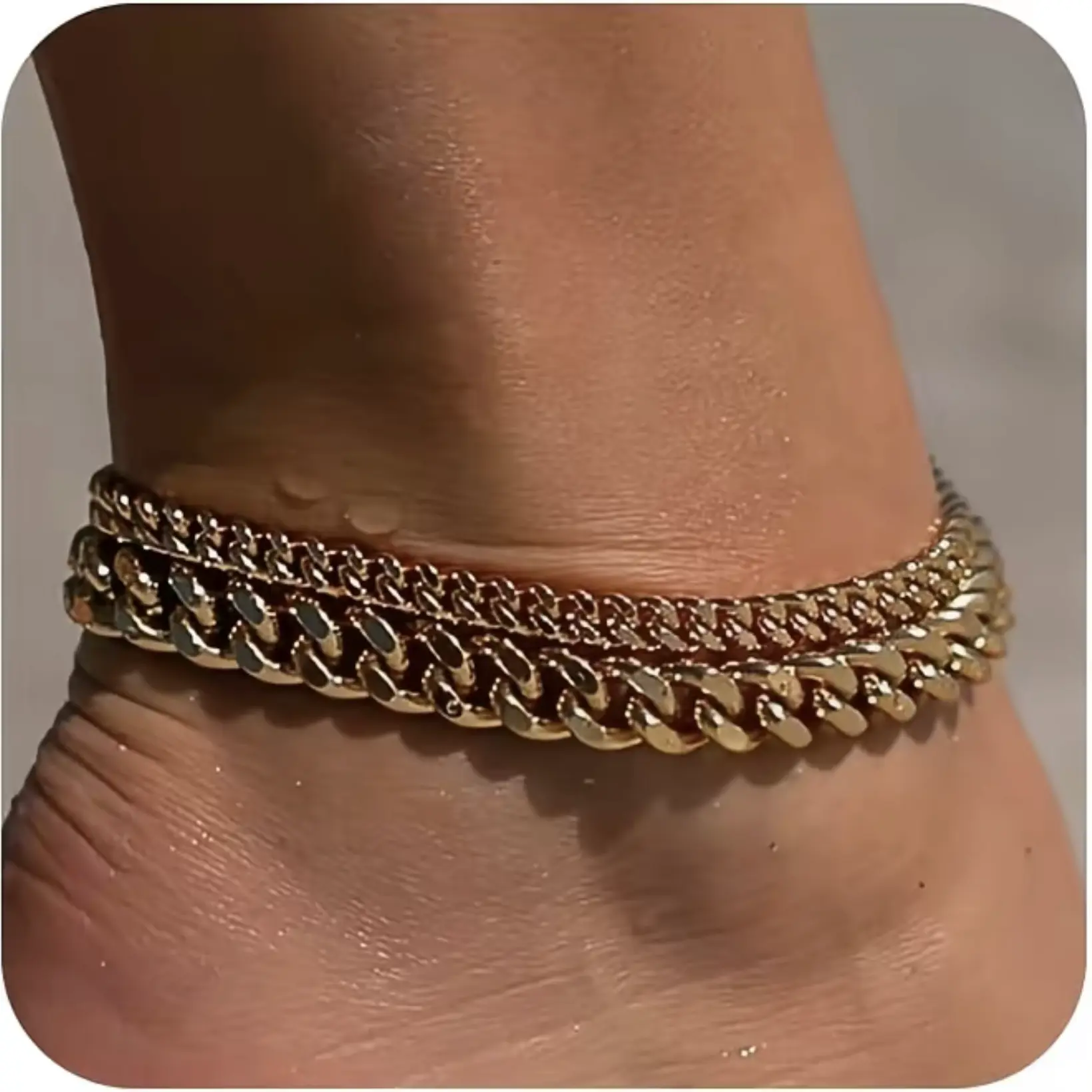 Unisex 2-Pcs Chunky Cuban Link Matching Sets, Adjustable Layered Bracelet & Anklet, Waterproof Costume Jewelry, Trendy Summer Accessories, Ideal Valentine’s Day Gift