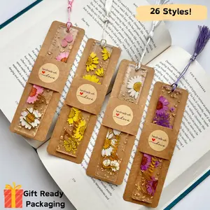 Personalizable Flower Bookmark TT with Gold Flakes & Tassel - 26 Styles, Gift Ready Packaging, Unique Pressed Flower Resin Bookmark for Book Lovers