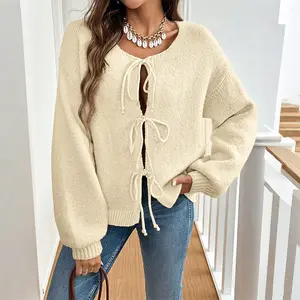 Women's Tie Front Knit Sweater – Casual Long Sleeve Cream Cardigan with Bow Detail, Soft Lightweight Knitwear for Fall Winter-D240916