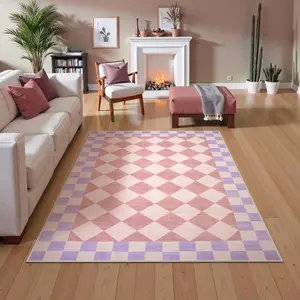 Pink Plaid Rug, Checkered Rug, living room carpet, soft comfortable floor mat, non-slip area rug, checkerboard design pattern carpet, washable easy to clean, for living room and bedroom bedside study kitchen and bathroom, durable non-slip floor mat