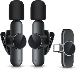 Portable 2 Pack Mini Wireless Microphone Type C for iPhone 15-16 Android Phone, USB C Tiny Lavalier Microphone Mini Lapel Lavalier Mic, Adapter Audio