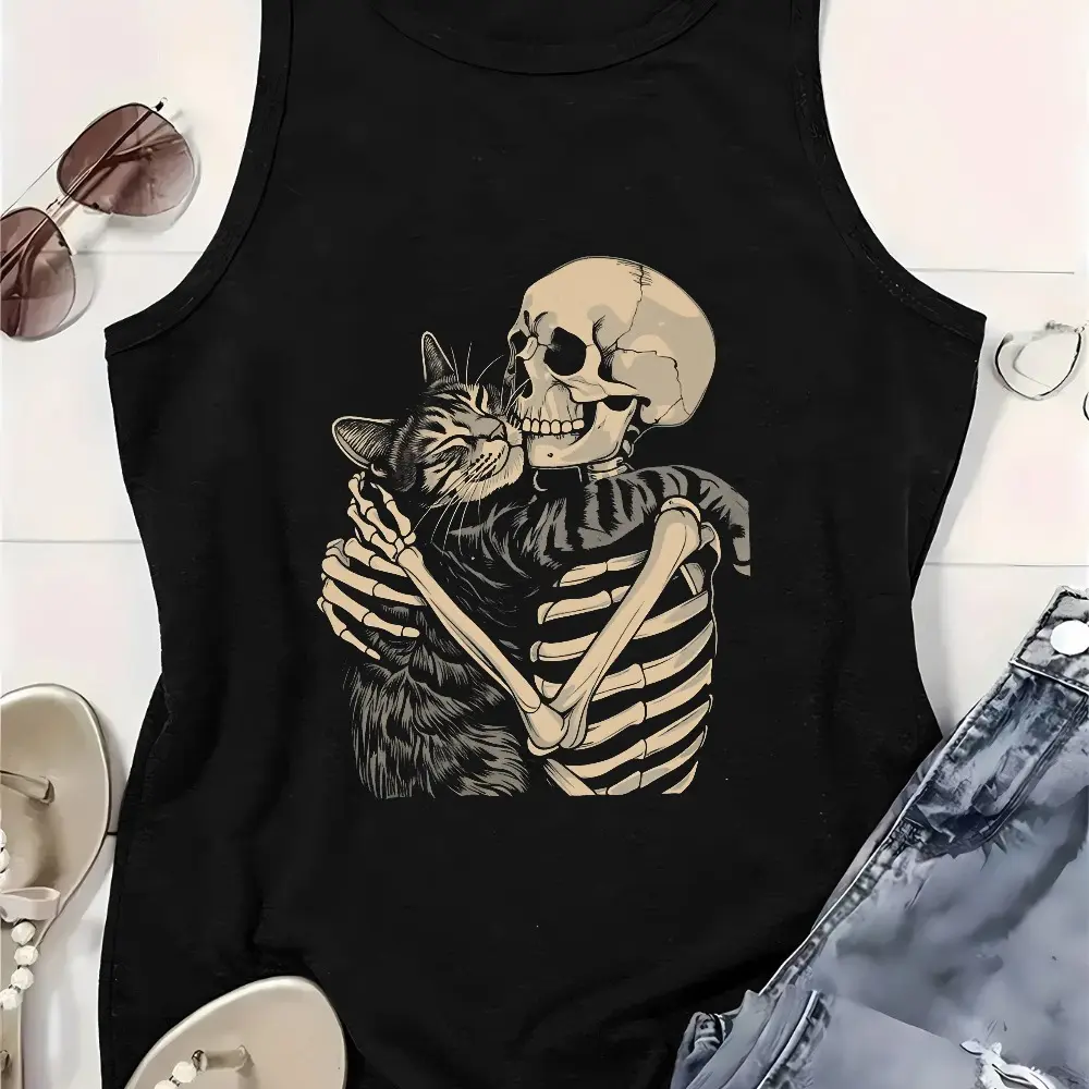 Women's Spandex Tank Top - Sleeveless, Lightweight, Soft Fabric Gothic Cute Everyday Casual Clothes with Skeleton Hugging Cat Print Design