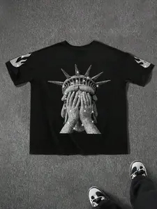 Men's Statue Of Liberty Print Short Sleeve Round Neck Graphic Tee, Casual Streetwear Loose Fashion T-shirt for Summer Daily Wear, Men's Clothes, Menswear, Top