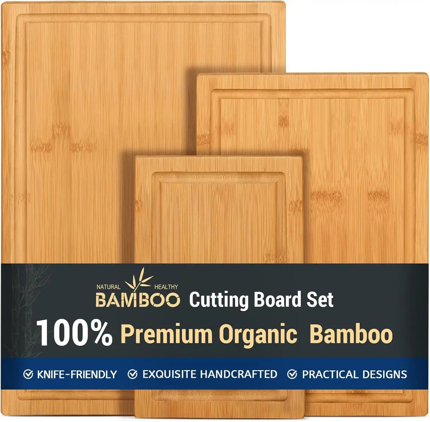 New Deal -  Wood Cutting Boards for Kitchen, Heavy Duty Bamboo Cutting Board with Juice Groove, Bamboo Chopping Board Set for Meat, Vegetables - Set of 3