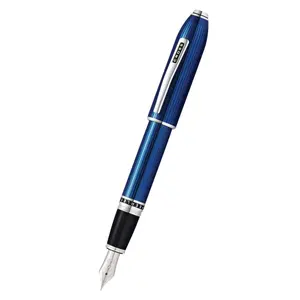 Peerless™ Translucent Quartz Blue Engraved Lacquer with Platinum Plated Appointments and Rhodium Plated 18KT Solid Gold Fine Nib Fountain Pen