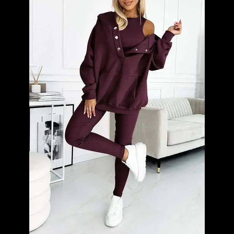 Women's sports casual hooded sweatshirt ribbed slim vest pants three-piece set Clothing Suit Women's sports casual hooded sweatshirt ribbed slim vest pants three-piece set Clothing Suit