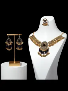 Elegant Vintage Ethnic Style Beaded Dangle Earrings Necklace Ring Set, Matching Jewelry Set, Unique Palace Wind Jewelry for Women, Fashion Accessories