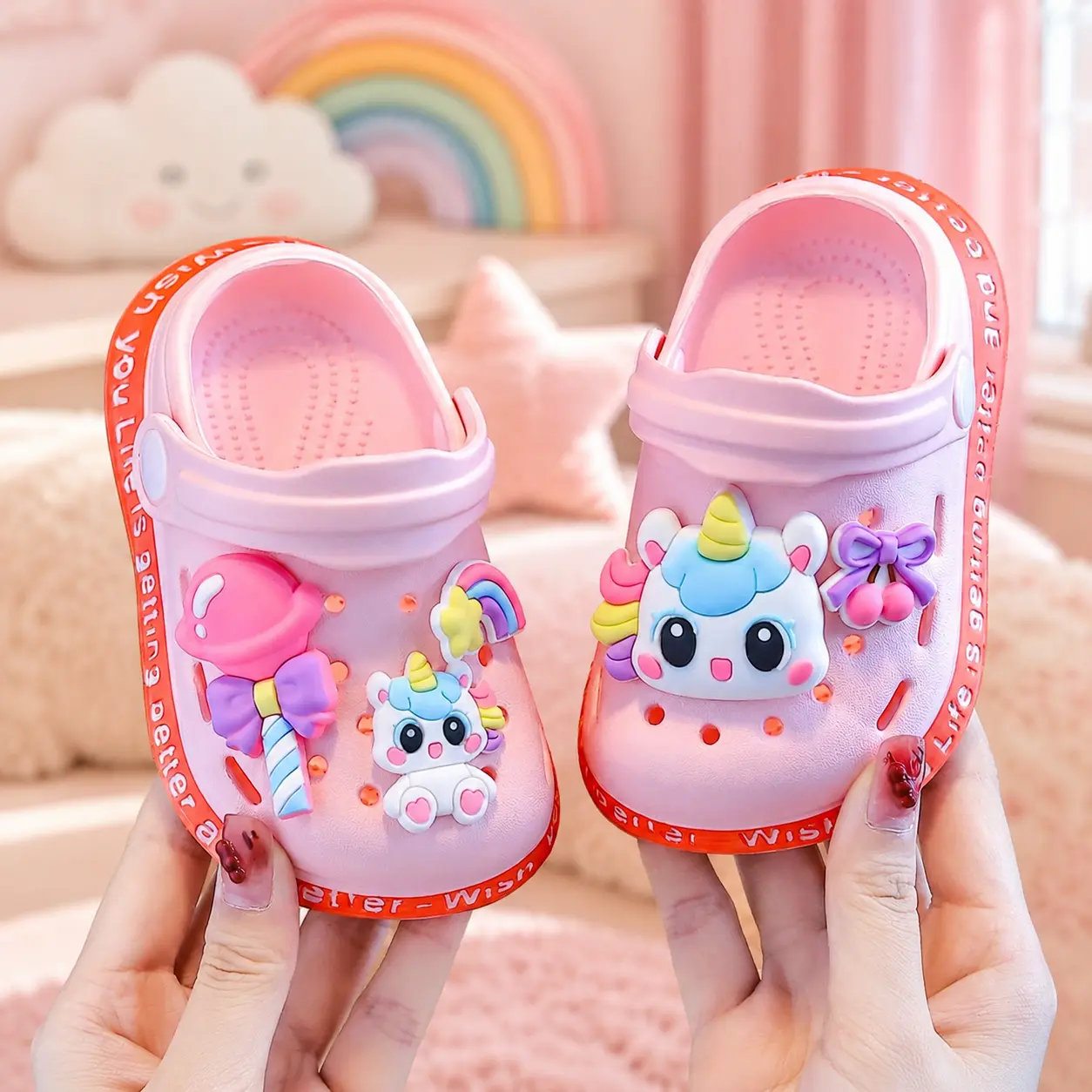 SMYLX Girls' Baby & Toddler Clogs - Cute Unicorn Charms, Lightweight Slip-On Footwear, Adjustable Heel Strap Slippers
