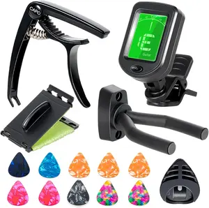 Guitar Accessories Kit - Capo, Tuner, Wall Mount Hanger, Picks, String Cleaner for Guitar, Violin, Bass, Ukulele