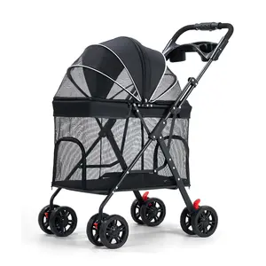 Breathable Mesh Pet Stroller for Dogs & Cats - Foldable 4-Wheel Lightweight Travel Carrier with Cup Holder and Whistle Repellent Device silicone feeder