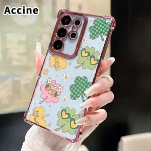 St. Patrick‘s Day Cheerful Clover Pattern Mobile Phone Case Compatible with Samsung Galaxy S23 Ultra S24 Plus S25 S22+ FE Edge Four Corner Anti-drop Shockproof Non-slip Silicone Transparent Protective Cover