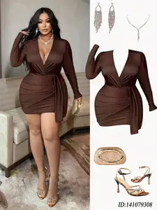 [HILLAR] Plus Size Women's Dress, Autumn Waist Cinched Bodycon Dress, Deep V-Neck, Sexy Party Mini Dress; Plus Size Women's Dress, Autumn Waist Cinched Bodycon Dress, Versatile Button Design High Neck, Sexy Party Mini Dress, Winter
