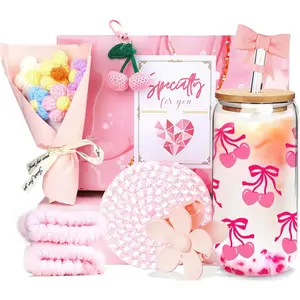 Cherry & Bow Pattern Glass Cup Gift Set, 1 Set Including Glass Cup, Straw, Straw Brush, Straw Cap, Coaster, Keychain, Flower Bouquet with Themed Gift Box, Back to School Halloween Christmas, Birthday Gift for Her, Friend, Mom