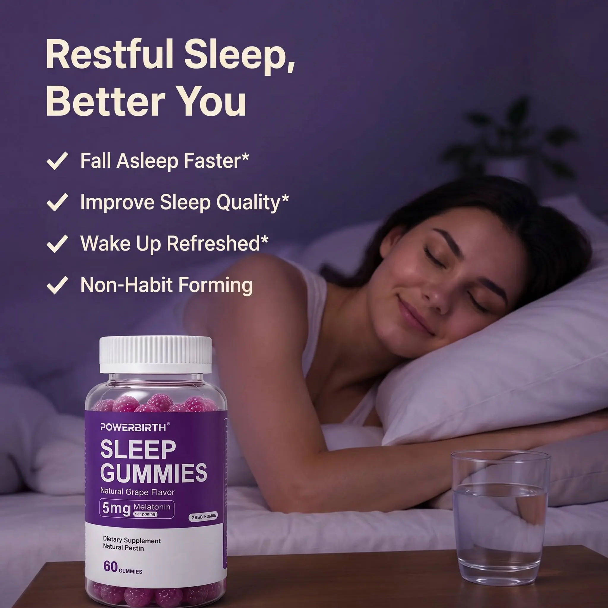 POWERBIRTH 5mg Melatonin Gummies, sleep aid, sleep gummies, melatonin gummies, natural grape flavor, sugar-free, soy-free, gluten-free, plant-derived relaxing formula, suitable for night shift work