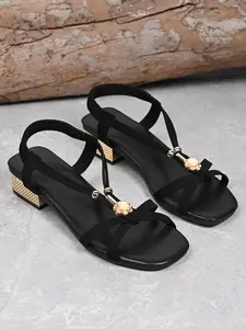 Elegant Mid Heel Sandals, Cross Strap with Metal Accents, Comfortable Elastic Backstrap, Stable Thick Heel, Women's Chic Footwear