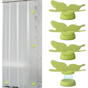 Shower Curtain Clips for Liner, 4 Pairs  Wrapped Adhesive Windproof Splash-Proof Butterfly Shower Curtain Holder for The Wall, Work for Drapery, Tablecloth (Green)