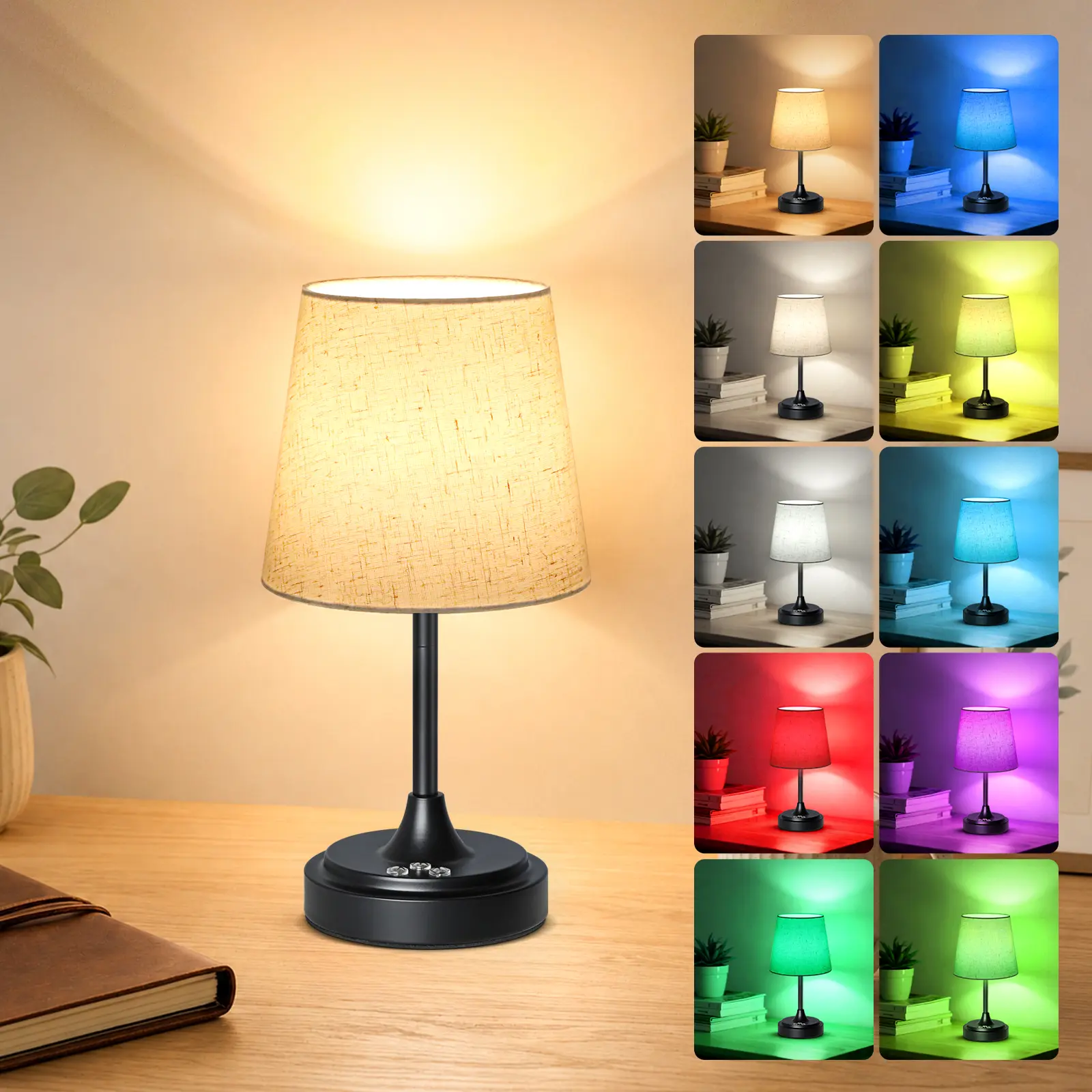 Cordless Rechargeable Small Table Lamp - 5000mAh Battery Operated, 3-Color & 7 RGB Stepless Dimmable, Touch Ambient Light with Flaxen Shade, Black, for Bedroom, Living Room