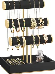 Bracelet Holder Stand, Jewelry Display Stand, Jewelry Organizer, with 3 Tiers and Velvet Tray, Removable Ring Holder, Ink Black UJJS027B01