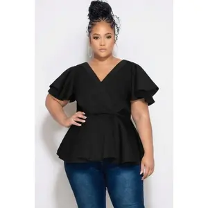 Final Sale Plus Size Faux Wrap Peplum Top in Black Scuba