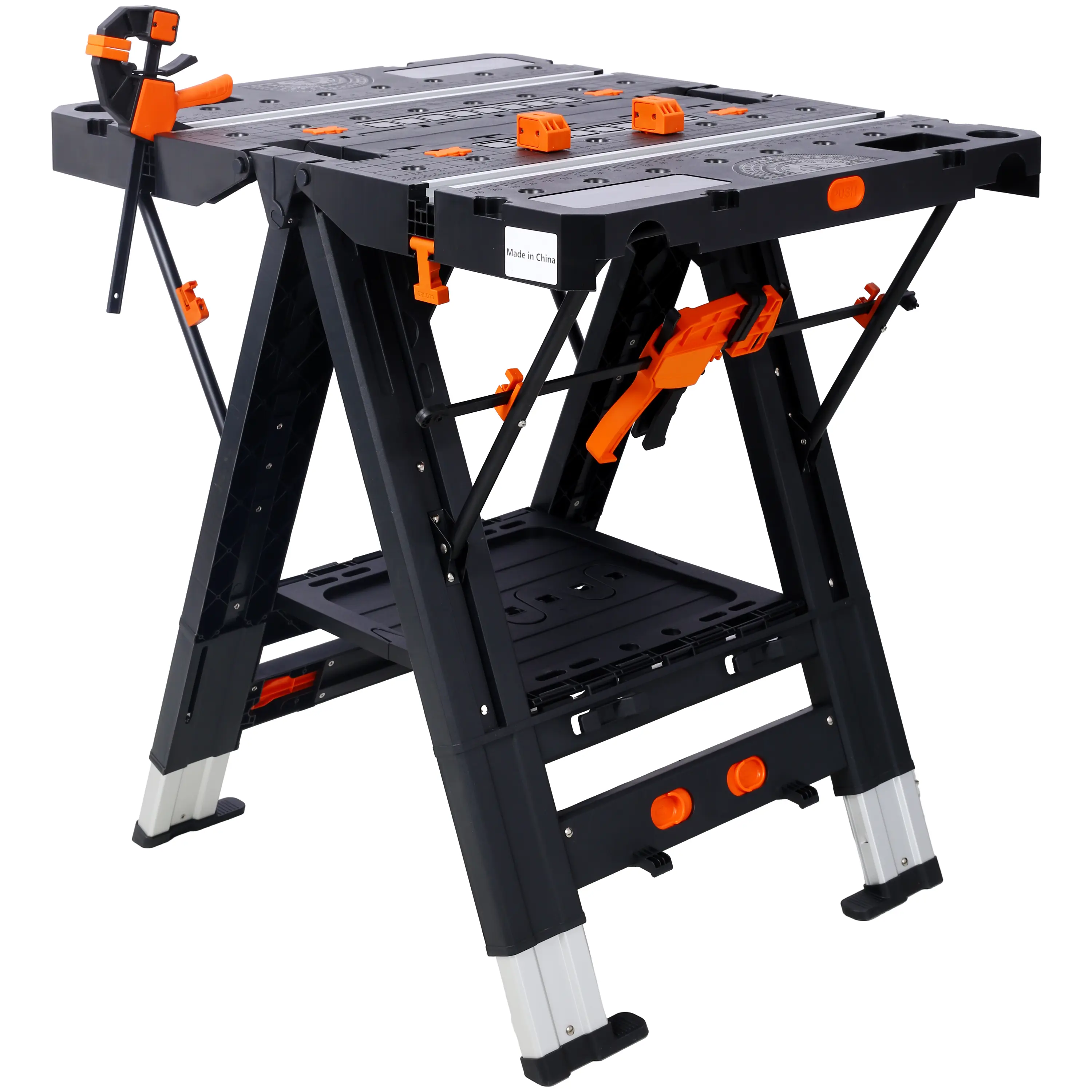 2-in-1 Portable Folding Sawhorse & Workbench Tool Table with 2 Clamps, High Load Capacity, Aluminum Leg Frame, 28.4"-31.8" Height, Portable Camping Table for Garden, Lawn, 28.4" To 31.8" Height