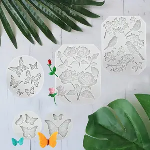 5 Pieces Fondant Mold Butterfly Rose Flower Stems Birds Blossoms Silicone Mold, Cute Soap Epoxy Resin Mold Sugarcraft Candy Chocolate Molds for Sugarcraft Cake Decorating
