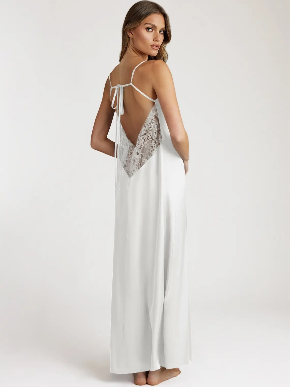 Azazie Satin and Lace Midi Slip Dress Lace Trim Open Back Self-Tie Bridal Prep Bridesmaid Getting Ready Wedding