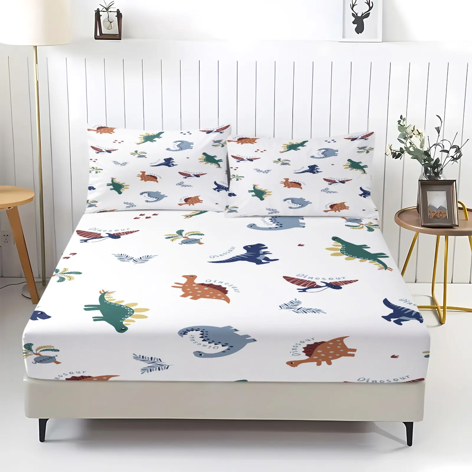 Cute Dinosaur Sheets Set 3 pcs, 1 Fitted Sheet + 2 Pillowcases, Soft Microfiber Dinosaur Bed Sheets With Deep Pocket 12"/30cm Dinosaur Bedding
