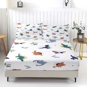 Cute Dinosaur Sheets Set 3 pcs, 1 Fitted Sheet + 2 Pillowcases, Soft Microfiber Dinosaur Bed Sheets With Deep Pocket 12"/30cm