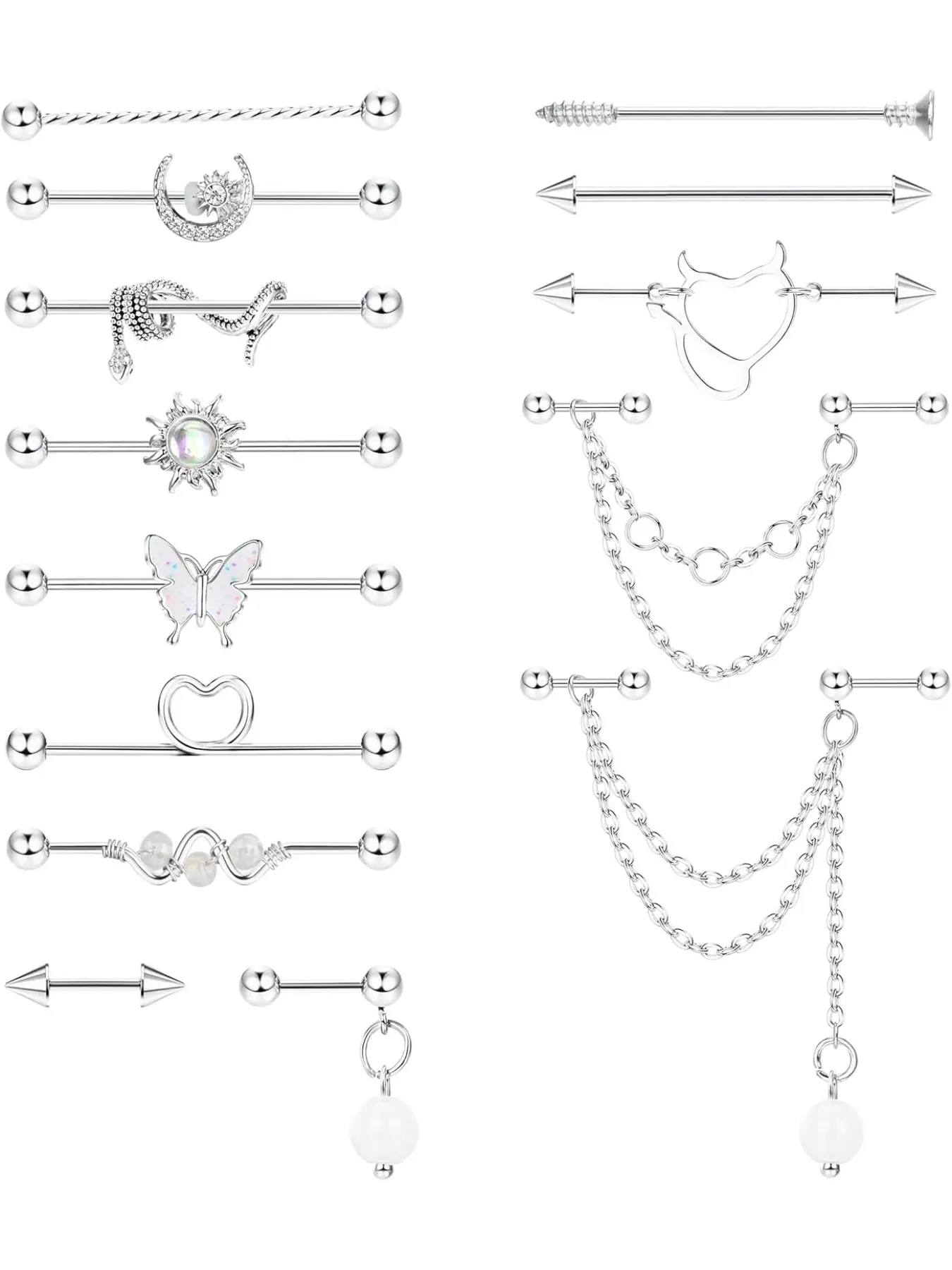14G 16G Industrial Piercing Bar Earrings - Surgical Steel Cartilage Helix Jewelry for Ear - Gold Silver Chains - Body Piercing Jewelry - Piercings Jewelry