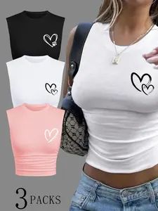 Women's Heart Print Crop Tank Top, Casual Sleeveless Cropped Top for Daily Wear, Ladies Clothes for All Seasons