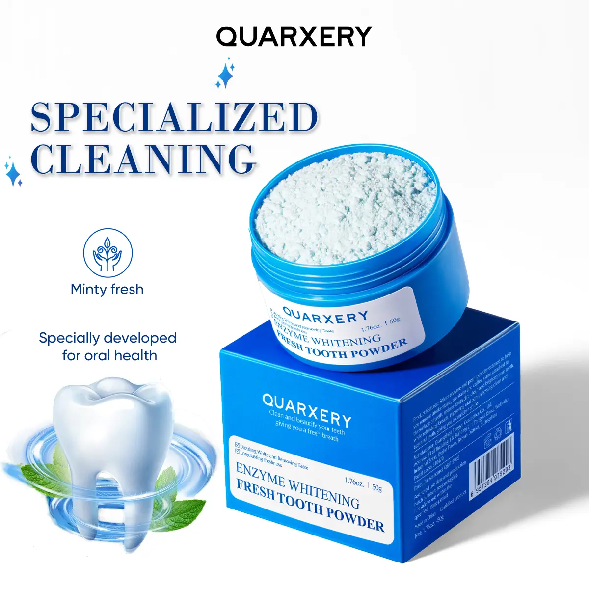 QUARXERY Teeth Whitening Powder, Oral Care for Stains Removal with Pearl & Enzyme, Brightening for a Clean, Dazzling White Smile & Fresh Breath, Monthly/Quarterly Use for Adults, Helps Reduce Bad Odor, Fresh Breath After Use