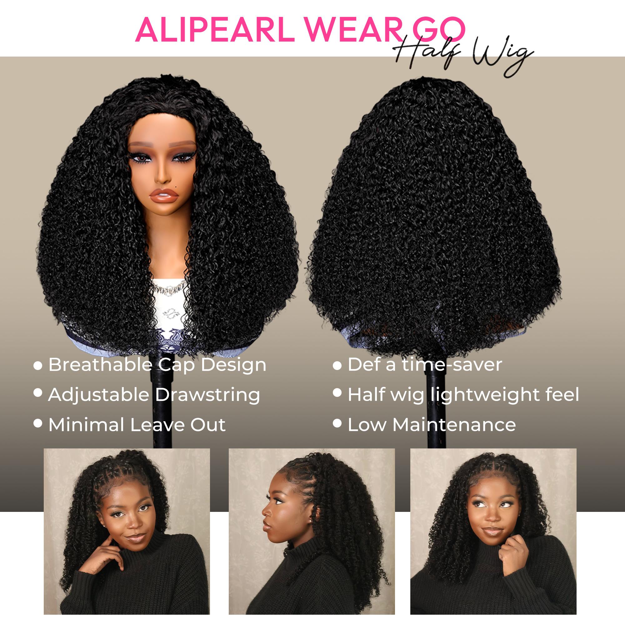 【3 In 1 Half Wig】Alipearl Hair Kinky Curly Glueless Half Wig Human Hair Wigs With Drawstring Cap Invisible Hairline Beginner Friendly