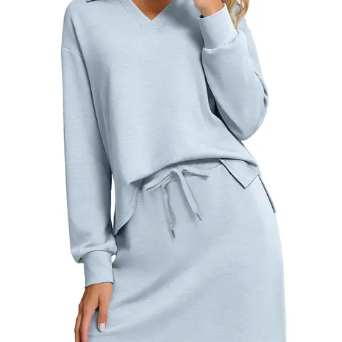 Women's 2-Piece Solid Soft Breathable Fabric Sweatsuit Set - Casly Lamiit Summer Workout Outfit, Drawstring Waist Sweatshirt & Skorts, Gym Tennis Essentials, Office Travel Use