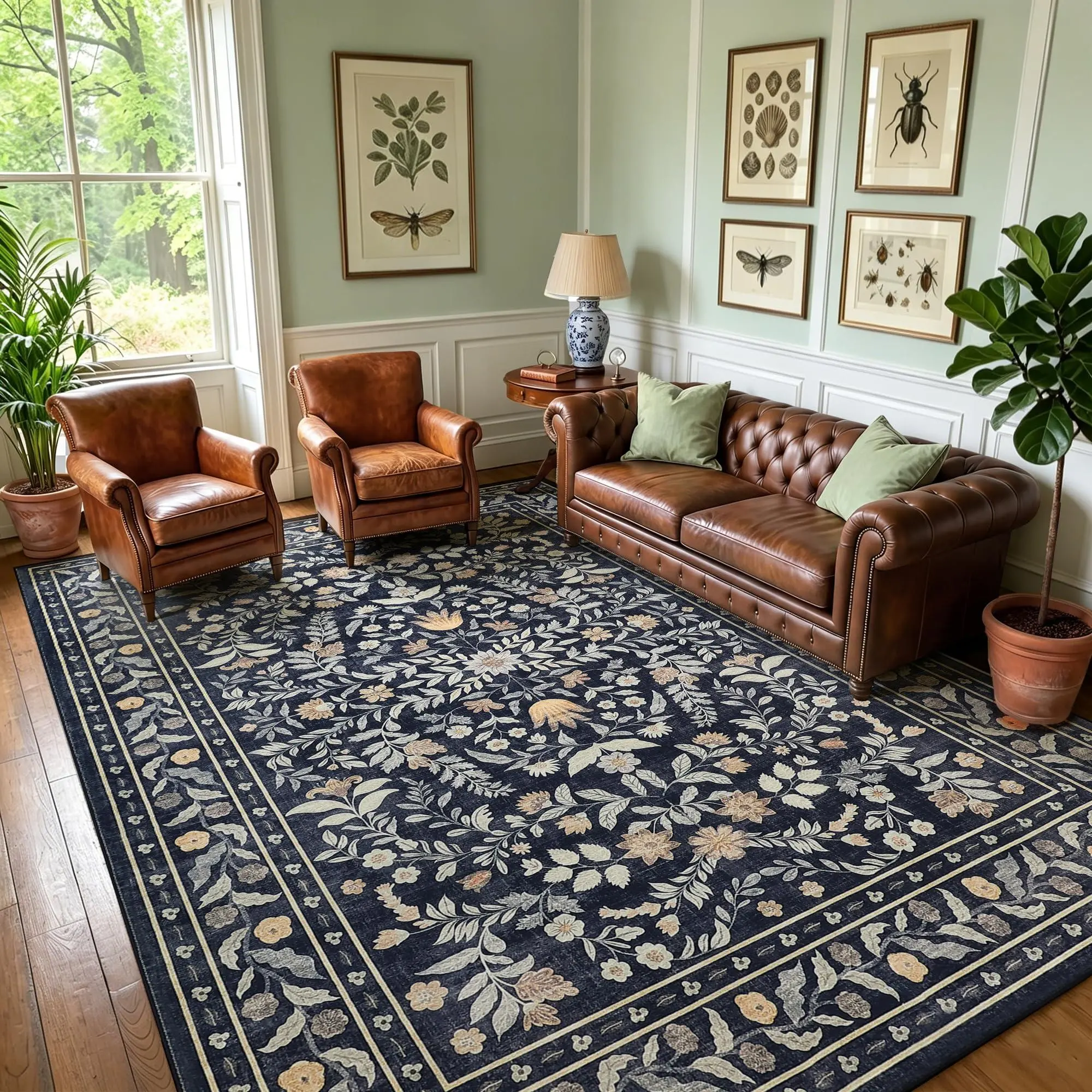 Garvee Area Rug 5x7 for Living Room, Washable Floral Low Pile Rug, Soft Non Slip Carpet for Living Room, Bedroom, Dining Room, Black