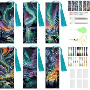 6 Pcs Starry Sky Cross Stitch Bookmark Kit for Adult Beginners,Aurora Cross Stitch Kits 14 CT DIY Crossstitch Kits Adult Stamped Bookmark Embroidery Bookmarks Kit