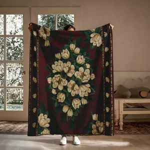 Retro Burgundy White Magnolia Print Blanket, 1 Count Soft Flannel Fleece Throw Blanket, Air-Conditioned Room Blanket for Sofa Bed