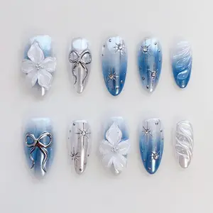 Bloom Floral Silver Chrome Blue Press On Nails Short Almond Nails/Blue Nails/Bow Nails/Star Nails/Bow Tie Nails/Silver Nails/3D Flower nails