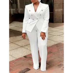 Women Elegant Waist Blazer and Pants Set Solid Color Double Breasted Long Sleeve Polyester Spandex Blend Machine Washable Chic Office Commuter Attire