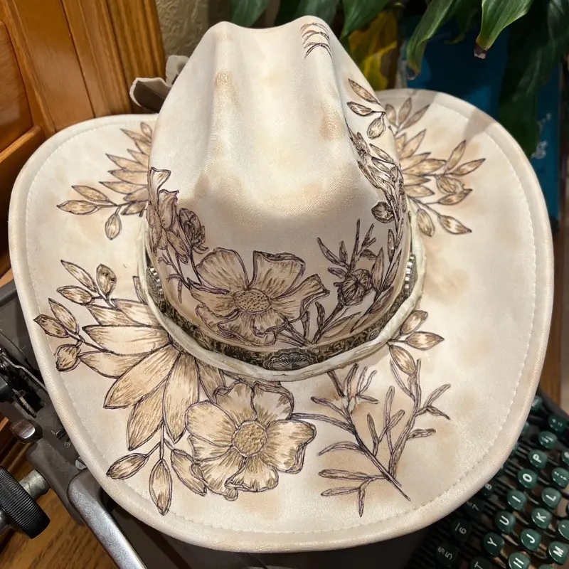 Creamy White Cowgirl Hat - Burnt Deep with Floral Design, Soft Faux Suede, One Size Fits All, Distressed for Worn Fashionable Look